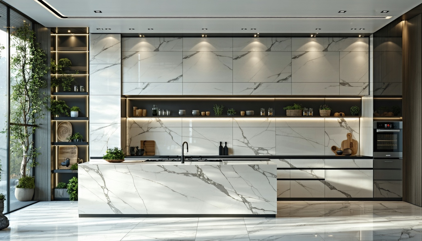 A modern kitchen showcasing sleek ceramic tiles wi