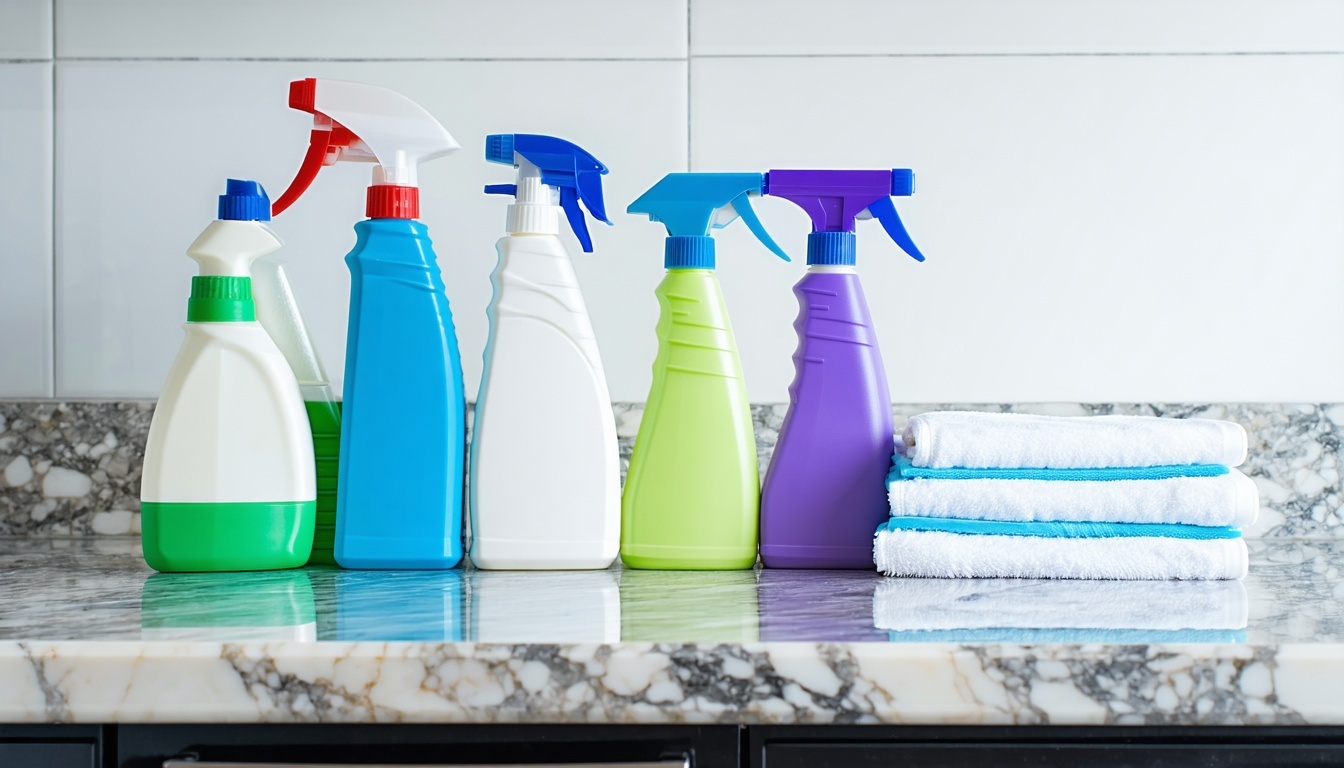 A sparkling clean marble countertop with cleaning